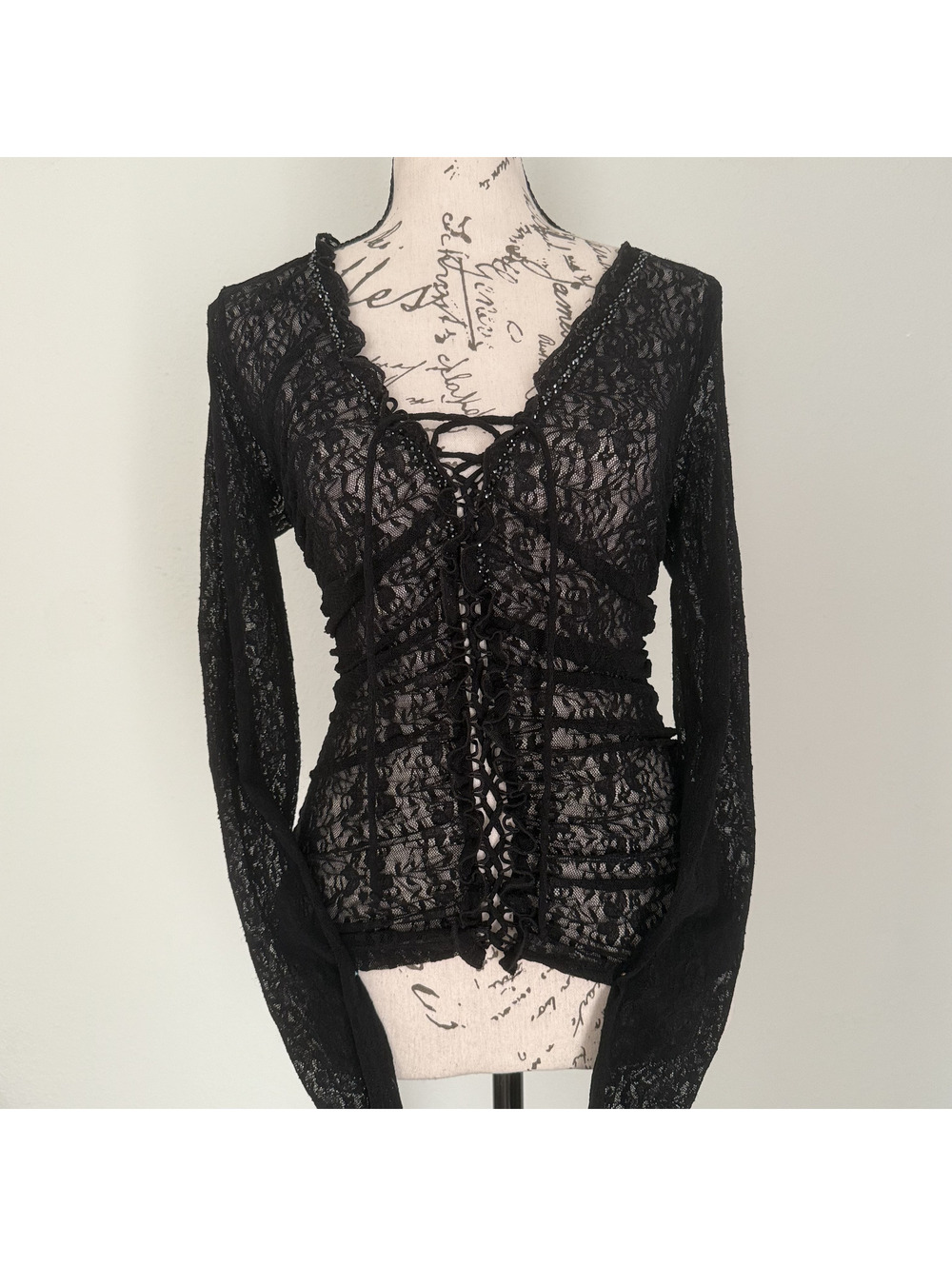 VTG Y2K BluGirl Jeans Black Lace Ruched Rhinestone Corset Fairy Grunge Top XS S